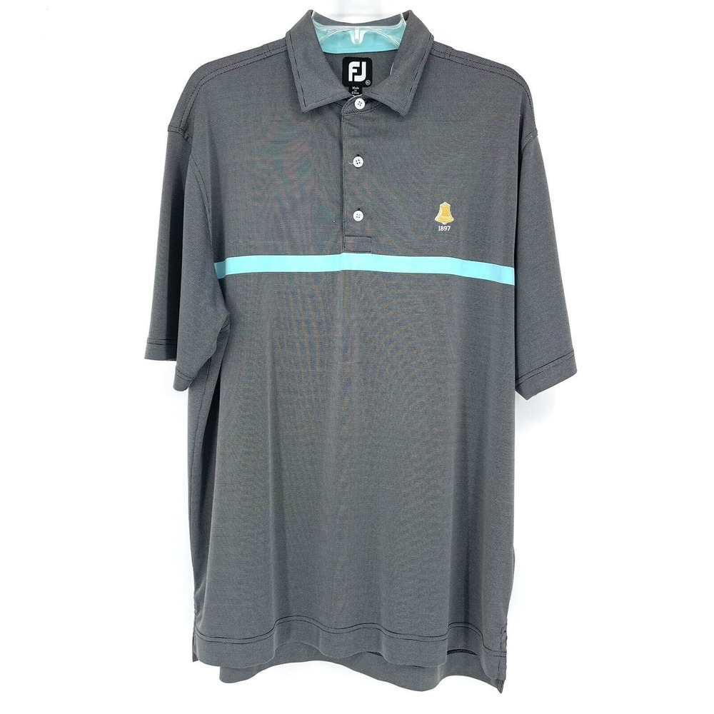 FootJoy Men's Golf Polo Gray Black with Turquoise Chest Bar Sz XL Bell Embroider